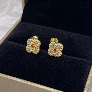 S925 sterling silver gold clover stud earrings featuring white and orange gemstones