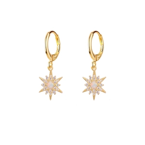 925 Sterling Silver Gold Plated Octagonal Star Hoop Earrings With Round Artificial Opal Rhinestone Fashion Jewelry
