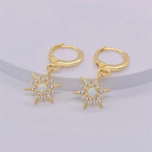 Elegant gold S925 sterling silver sunflower earrings with white opal and pavé crystals