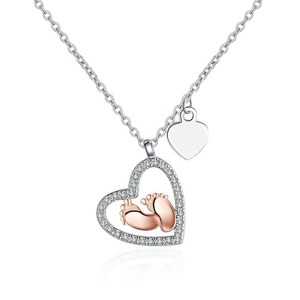 925 Sterlingsilber Herz Anhänger Halskette Roségold Baby Fußabdruck Zirkonia Einlage Mode Schmuck Geschenk Damen