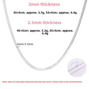 Detailed size chart for 925 sterling silver Chopin chain showing weight and thickness specs