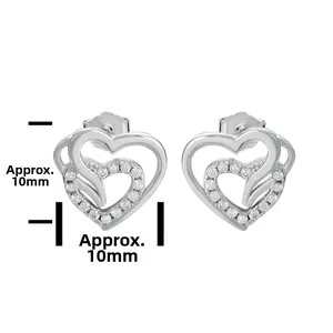 Detail of silver double heart earrings with white zircons measuring approx. 10mm