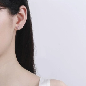 Detailed close-up of S925 sterling silver heart stud earrings with sparkling crystals
