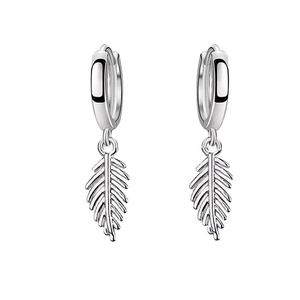 Elegant S925 sterling silver leaf hoop earrings with detailed feather pendants on white background
