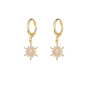 Elegant gold S925 sterling silver sunflower huggie earrings with white opal and pavé stones