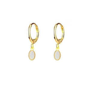 Elegant gold S925 silver huggie earrings with iridescent oval opal charms in a polished finish