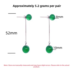 Detailed size specifications for S925 sterling silver earrings with green agate beads