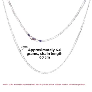 Detail view of 3mm S925 silver Cuban link chain with lobster clasp and measurements