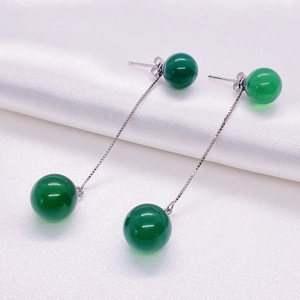 S925 sterling silver drop earrings with green agate beads and elegant long box chains
