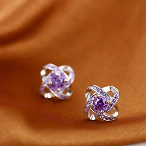 S925 sterling silver four-leaf clover earrings with purple stones and twisted design