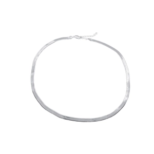 Close-up of S925 sterling silver flat snake chain with lobster clasp and extension