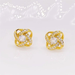 Exquisite 18K gold plated S925 sterling silver rotating clover earrings with sparkling pavé cubic zirconia