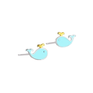 Cute S925 sterling silver blue whale stud earrings with gold water spray detail