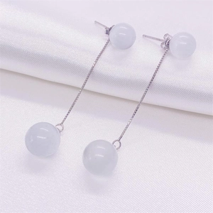 Elegant S925 sterling silver long threader earrings with white cat eye stone beads