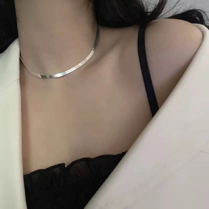 S925 Sterling Silver minimalist flat blade snake chain necklace worn by model