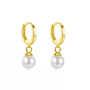 Elegant gold-plated S925 sterling silver hoop earrings with round white shell pearls