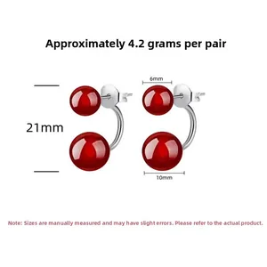 Detail view of S925 silver red agate double bead earrings with 21mm height and 4.2g weight