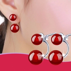 S925 sterling silver red agate double bead earrings with asymmetric U-shaped drop design