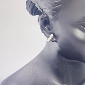 Close-up of minimalist S925 sterling silver rectangular bar stud earrings on display