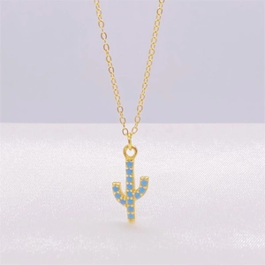 Collier pendentif cactus en argent sterling S925 avec émail turquoise minimaliste