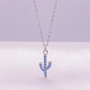 Collier cactus en argent sterling S925 avec pendentif en zircon bleu pour femme