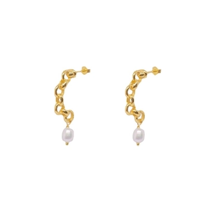 Elegant gold chain C-shaped earrings with white baroque pearls on a clean white background