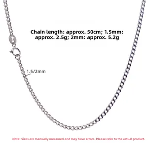 Detail of S925 sterling silver curb chain showing 1.5mm and 2mm width specifications