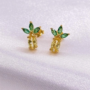 S925 Sterling Silver Pineapple Stud Earrings with Yellow and Green Zircon Crystals