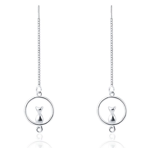 Detail of S925 sterling silver cat silhouette tassel threader earrings with glossy finish