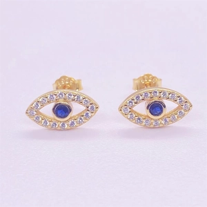 Detail of 925 sterling silver evil eye stud earrings with blue zircon and S925 hallmark