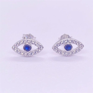 S925 sterling silver evil eye stud earrings with blue and white cubic zirconia stones