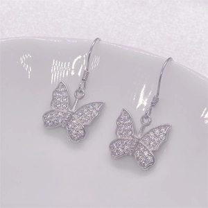 S925 sterling silver butterfly drop earrings with cubic zirconia pave and stamped ear hook