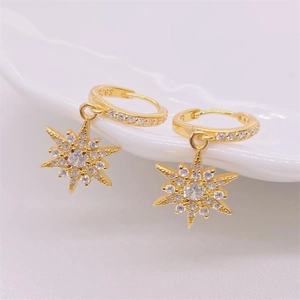 Elegant gold S925 sterling silver starburst drop earrings with sparkling zircon stones