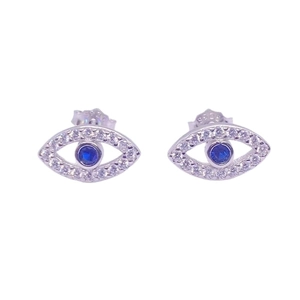 S925 Sterling Silver Evil Eye Stud Earrings with Blue Zircon and White Crystal Accents