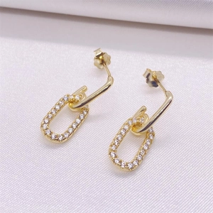 Elegant gold plated S925 sterling silver egg shaped earrings with pave diamonds