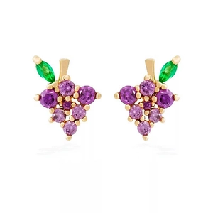 S925 Sterling Silver Grape Stud Earrings Purple Green Rhinestone Fruit Design Gold Plated Minimalist Ear Jewelry For Women