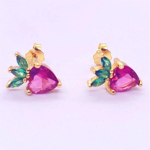 Boucles d'oreilles fraises en argent S925 avec cristal rose et gemmes vertes