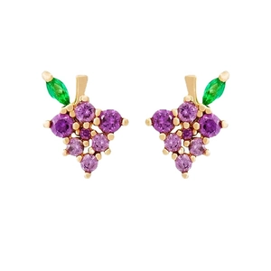 Elegant S925 sterling silver grape stud earrings with purple zircons and green leaves