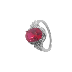 Classic S925 sterling silver ring with large oval red zircon and diamond accents