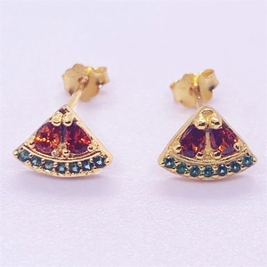 Sparkling S925 sterling silver watermelon slice stud earrings with colorful gemstones