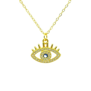 Dettaglio del ciondolo occhio del diavolo in argento S925 dorato con zirconi blu e bianchi