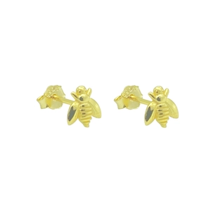 Detailed close-up of S925 sterling silver stamp on golden bee stud earrings
