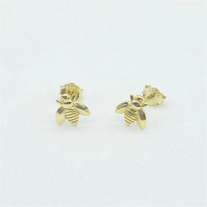 Detailed view of gold-plated S925 sterling silver bee earrings with hallmarked butterfly backs