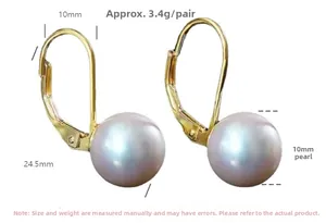 Detail view of gold leverback earrings with 10mm shell pearls and dimensions display
