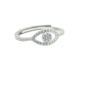 S925 sterling silver evil eye ring with white cubic zirconia pavé stones on white background