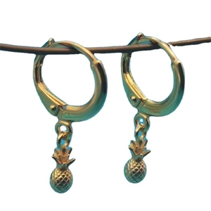Elegant gold pineapple drop earrings featuring small huggie hoops in a modern minimalist style
