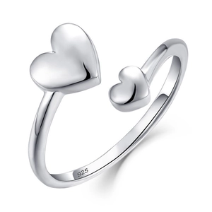 925 Sterling Silver Heart Open Ring For Women Adjustable Double Love Heart Minimalist Polished Finger Ring Romantic Jewelry
