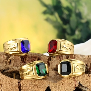 Vintage dragon-etched titanium steel gold rings with colorful gemstone inlay for men