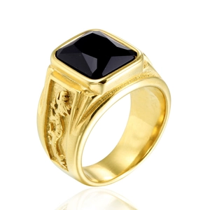 Men's vintage gold titanium steel ring with black square gemstone and dragon carving