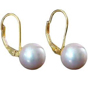 Elegant gold leverback earrings with large round pearls featuring soft lavender luster